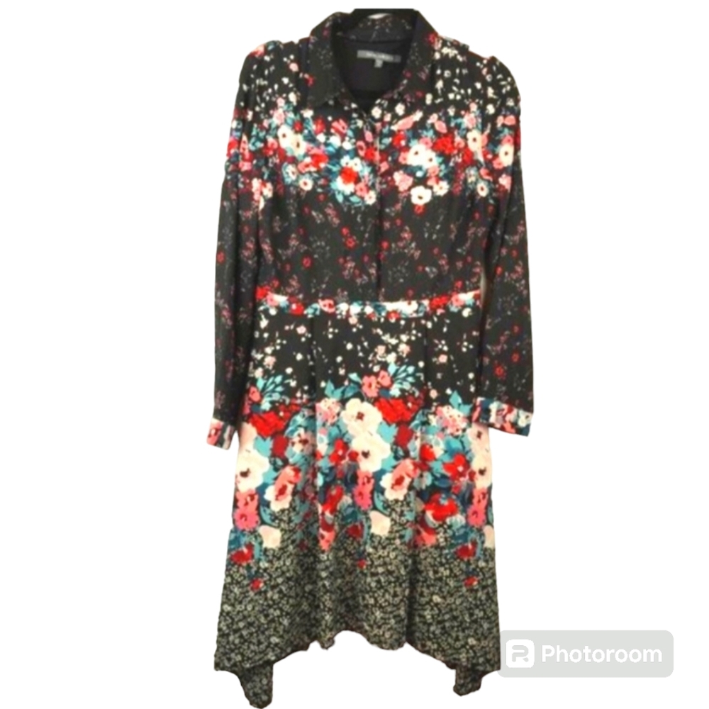 Anthropologie Julia Jordan Black Blue Red Cream Floral Layered Shirt Dress SZ 10